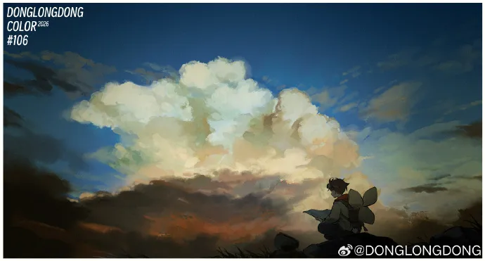 一幅横版邮票插画（@DONGLONGDONG COLOR #106），少年坐在岩石上对着巨大积雨云作画